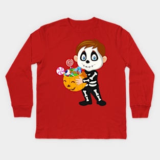 Kid Skeeiton Costume Holding Pumpkin Kids Long Sleeve T-Shirt